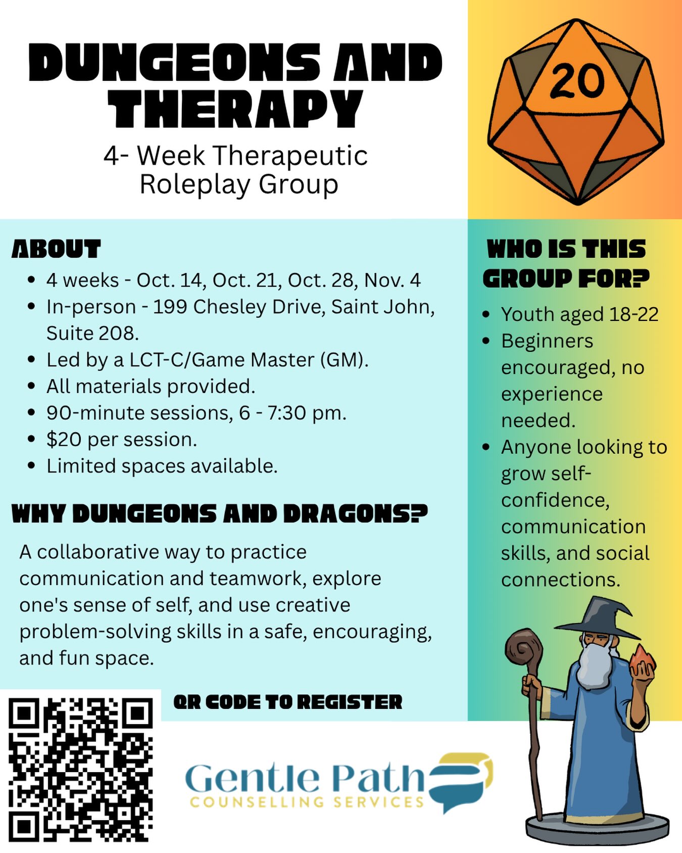 Ready for an adventure? ⚔️🎲🐉
Join us for a fun, supportive 4-week group where role-play meets therapy! Build confidence, practice communication and social skills, and, of course, roll some dice! 🎲🧙♀️
✨ Ages 18–22 🎲 No D&D experience needed, beginners welcome 📅 October 14–November 4 🕕 6:00–7:30 PM 📍 Saint John, NB 💰 $20/session
Limited spots available!
Visit our website, or scan the QR code to register.