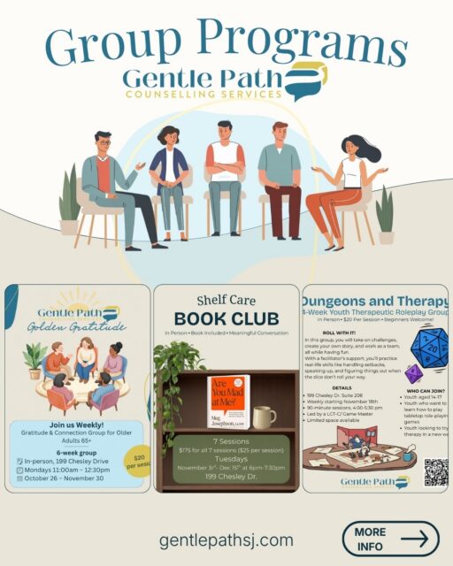 Fall Program Launch🍂 We are excited to announce 3 upcoming groups at Gentle Path Counselling Services for seniors, adults and youth💙 Go to our website to learn more or register with the link in our bio!